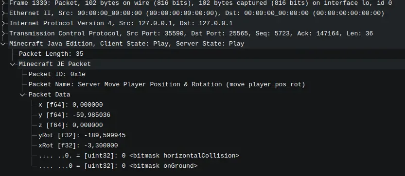 Minecraft packet dissector output Wireshark view